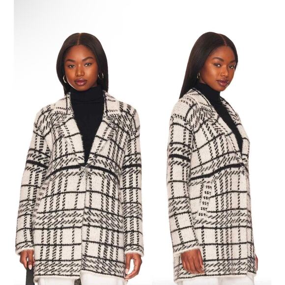 L*SPACE Stirling Sweater Coat in Plaid Ivory Black Women’s XL Cozy Quiet Luxury - Picture 2 of 10